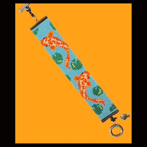 Hand Crafted Jewelry - Hand Crafted Blue and Orange Beaded Koi Fish Bracelet Toggle Closure 7.1”